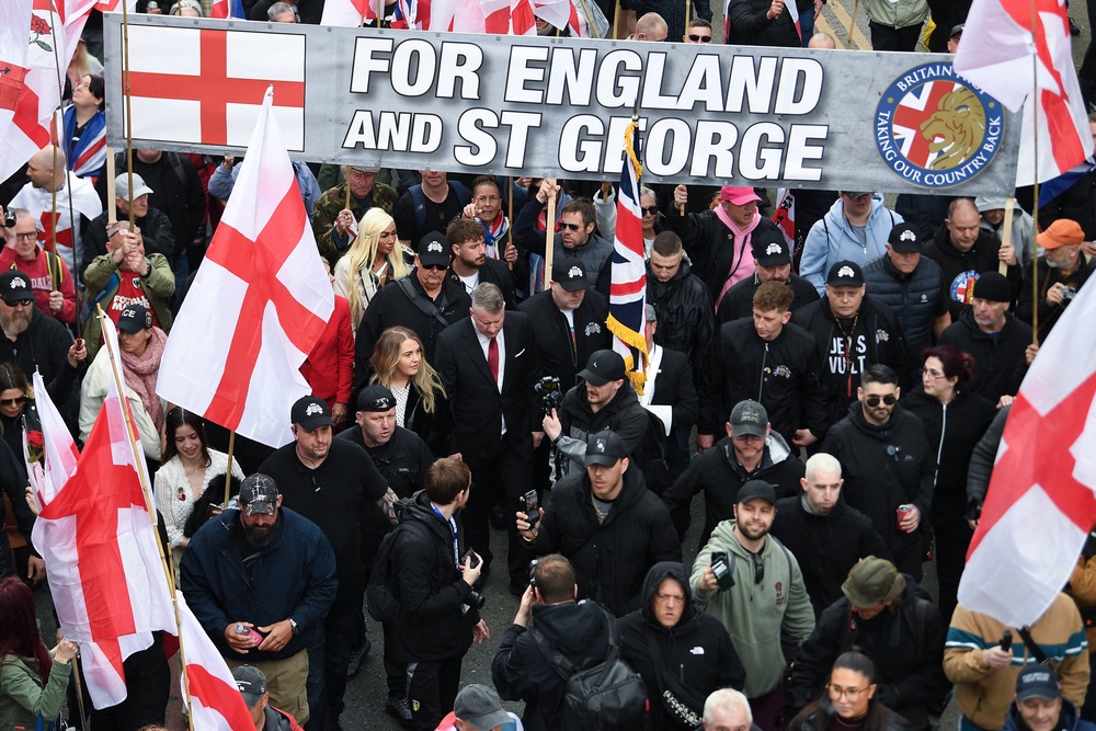 A Britain First march led by Paul Golding in Manchester this April (AFP/Getty)
