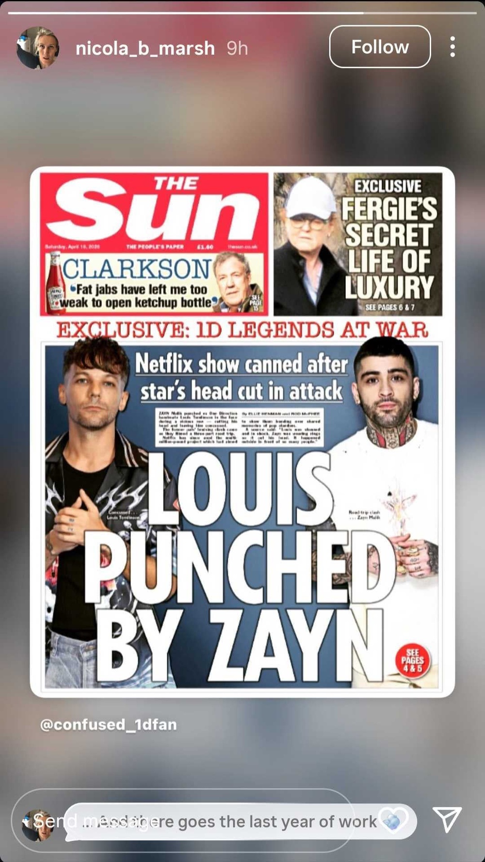Director Nicola Marsh shared The Sun's front page and remarked, There goes the last year of work' (Instagram/Nicola Marsh)