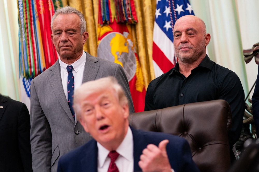 Rogan noted that despite their policy disagreements, his relationship with the president remains cordial following a recent Oval Office meeting regarding psychedelic drug research (Getty)