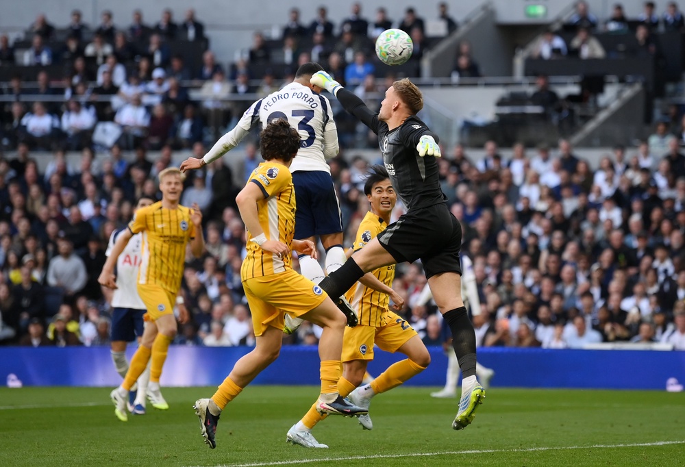 Pedro Porro rises high to put Spurs in front. (Getty Images)