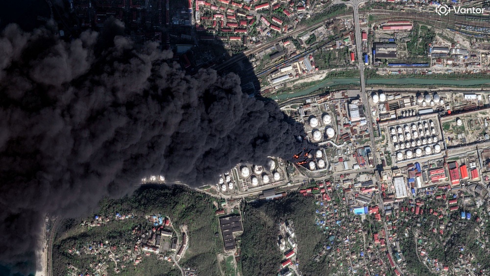 A satellite image shows smoke billowing from fire following drone attacks on a Russian oil facility in the Black Sea port of Tuapse in Krasnodar Krai (Reuters)