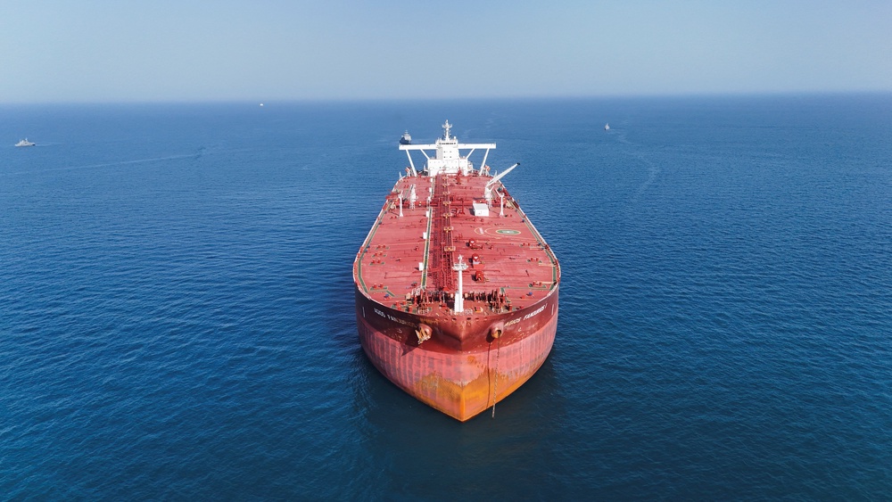 A drone view shows the Malta-flagged tanker Agios Fanourios I, an oil tanker that sailed through the Strait of Hormuz, arriving in Iraq's territorial waters off Basra, Iraq, 17 April 2026 (Reuters)