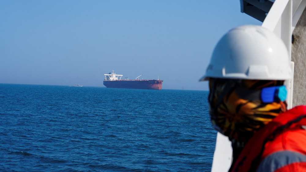 The Malta-flagged tanker Agios Fanourios I, an oil tanker that sailed through the Strait of Hormuz, arrives in Iraq's territorial waters off Basra,Iraq, 17 April 2026 (Reuters)