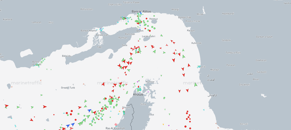 Screenshot from MarineTraffic shows vessels in Strait of Hormuz on Saturday morning (MarineTraffic)