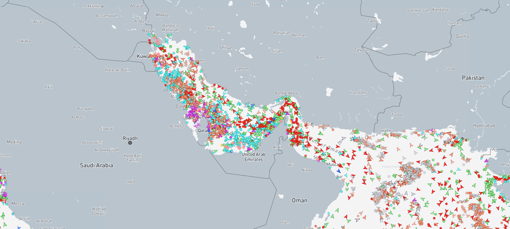 Screenshot of MarineTraffic.com shows vessels around the Persian Gulf on Saturday morning (MarineTraffic)