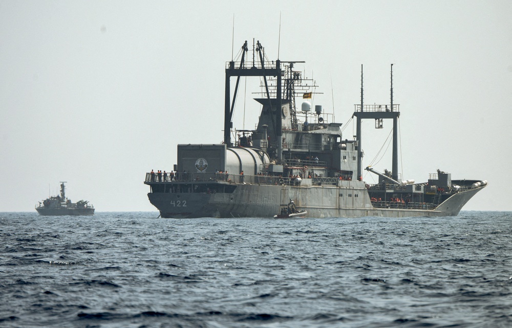 A Sri Lanka Navy vessel approaches an Iranian Navy vessel IRIS Bushehr during a rescue operation, a day after the crew of a distressed Iranian military ship, IRIS Dena, were assisted in waters south of Sri Lanka, off the coast of Colombo, Sri Lanka, 5 March 2026 (Reuters)