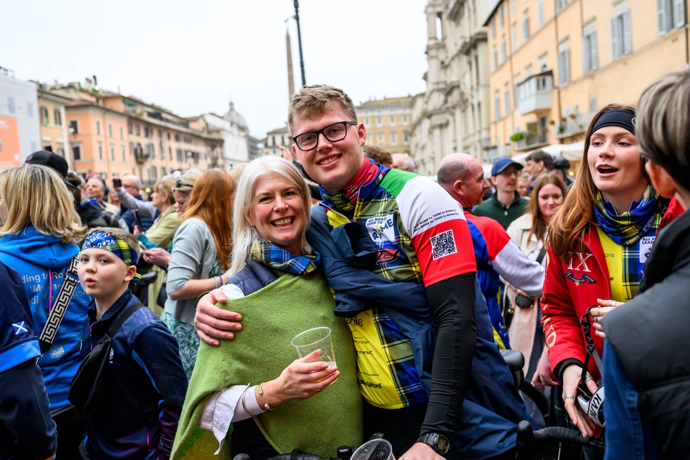 Kathy Weir with her son Ben in Rome at the end of Doddie Aid 2024 (PA)