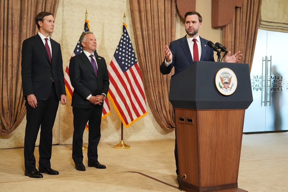 Vice President JD Vance speaks as Jared Kushner (L) and Steve Witkoff, Special Envoy for Peace Missions, listen on April 12 in Islamabad, Pakistan. Vance will not lead the latest round of talks, Trump said (Getty)