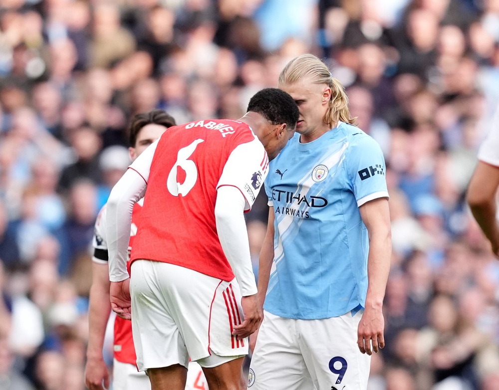 Tempers frayed between Arsenal’s Gabriel Magalhaes (left) and Manchester City’s Erling Haaland (Martin Rickett/PA) (PA Wire)
