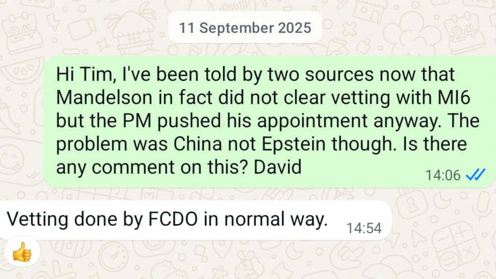 The original exchange over the vetting concerns between David Maddox and Tim Allan in September 2025 (The Independent)