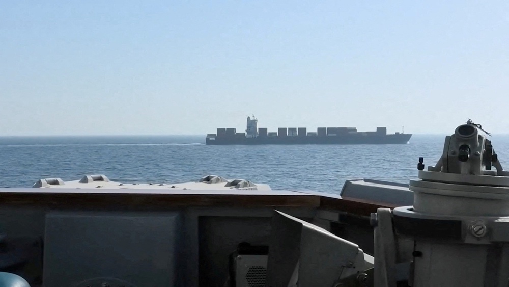 A view of Iranian-flagged cargo ship Touska as USS Spruance (DDG 111) conducts its interception in a location given as the north Arabian Sea (Caentcom)