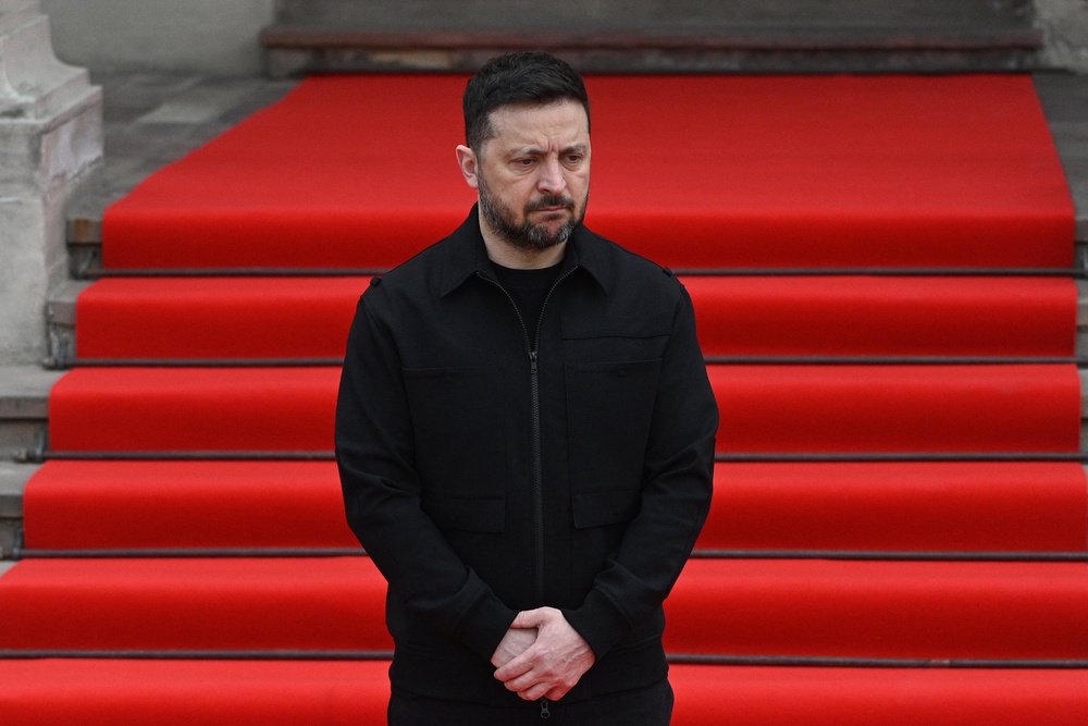 Ukraine's president Volodymyr Zelensky waits to welcome Swedish king in Lviv (AFP/Getty)