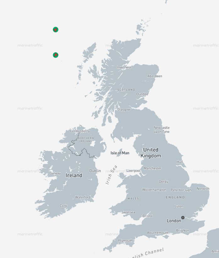 The INA headed north and the AURA 1 headed south through the UK Exclusive Economic Zone in the North Atlantic Ocean (MarineTraffic)