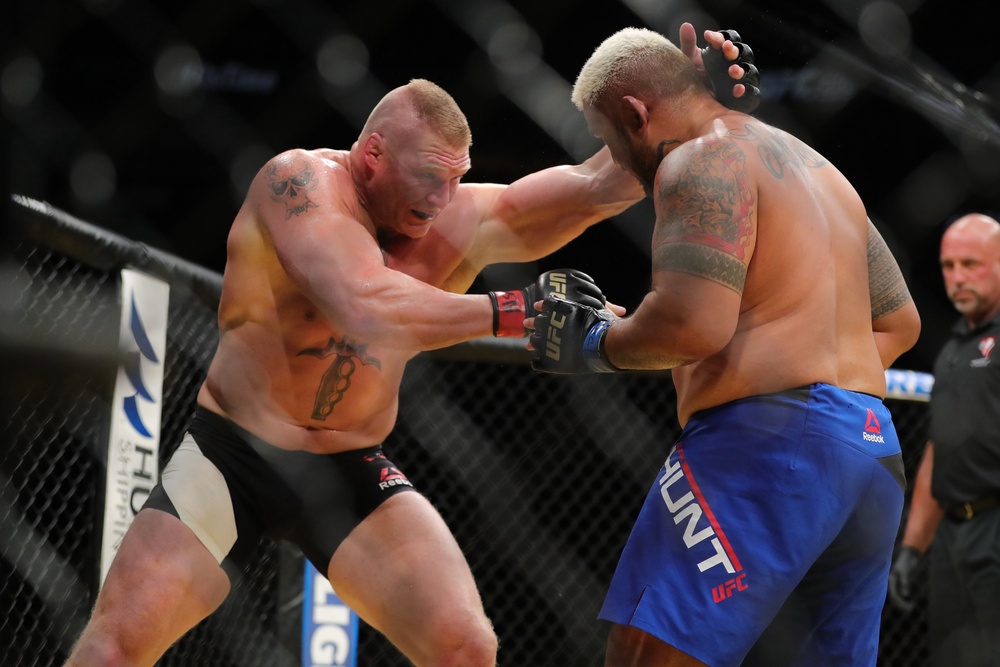 Lesnar’s UFC win over Mark Hunt in 2016 was overturned when Lesnar failed a drug test (Getty)