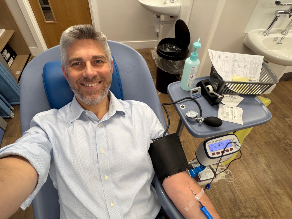 Paul Bickley, 45, donating his blood for a rare intrauterine transfusion (IUT) (NHSBT)