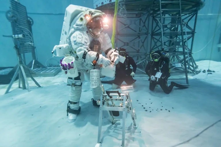 A NASA crew members uses the new Axiom Space suit underwater at NASA's Neutral Buoyancy Laboratory (NASA)