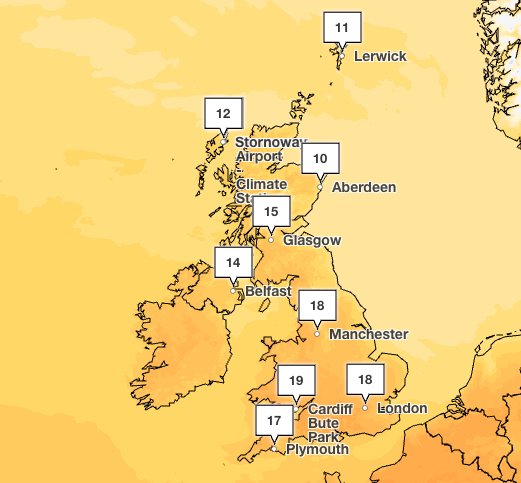 According to the latest Met Office forecast, temperatures will peak at 19C on Thursday (Met Office)