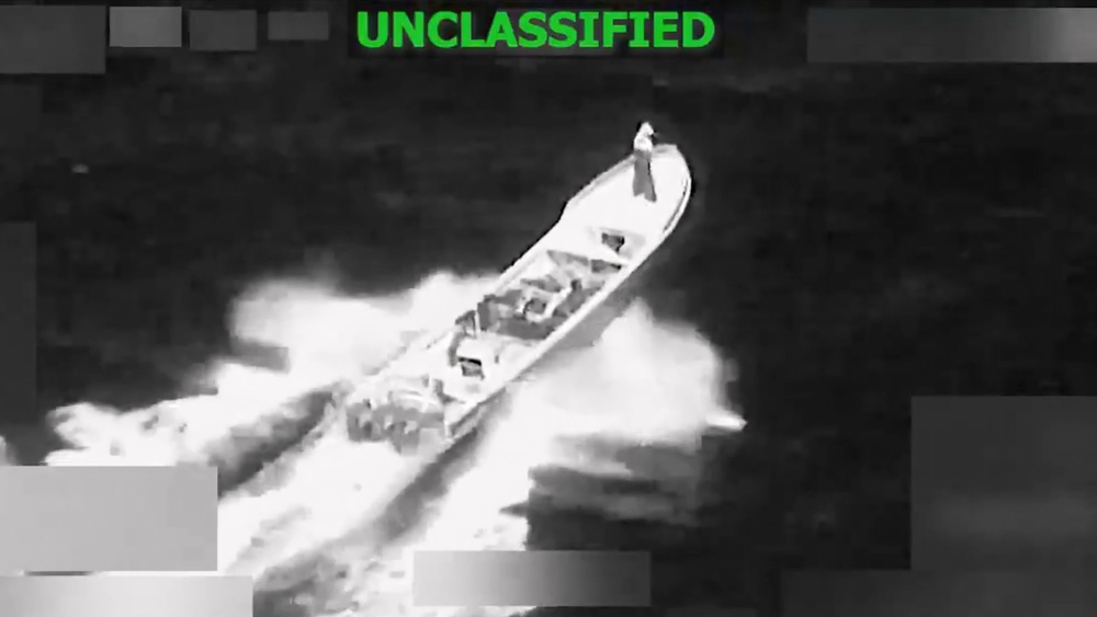 This image from video provided by U.S. South Command, shows a vessel accused of trafficking drugs in the eastern Pacific Ocean shortly before it was destroyed by the U.S. military, killing two and injuring one, on Jan. 23, 2026 (AP)