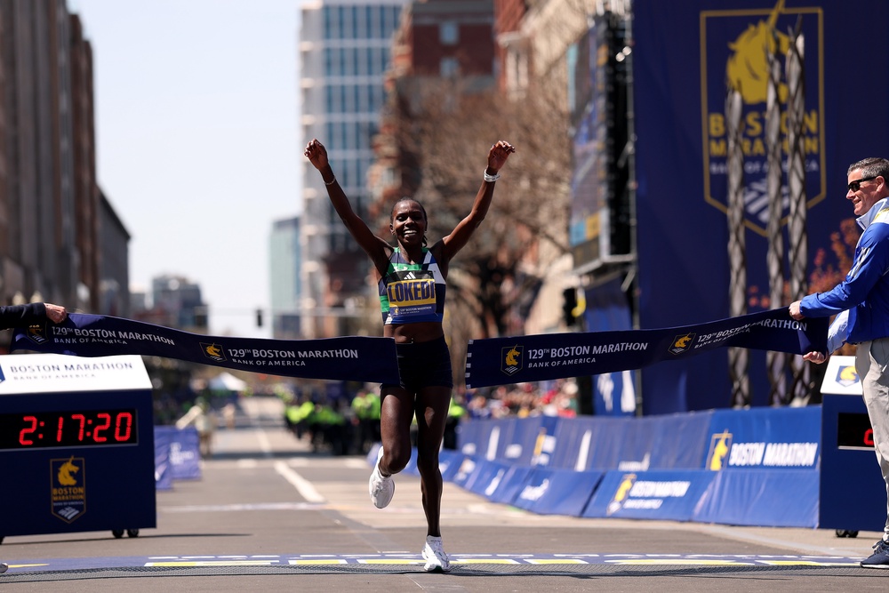 Sharon Lokedi of Kenya crosses the finish line at the Boston Marathon 2025 (Getty)