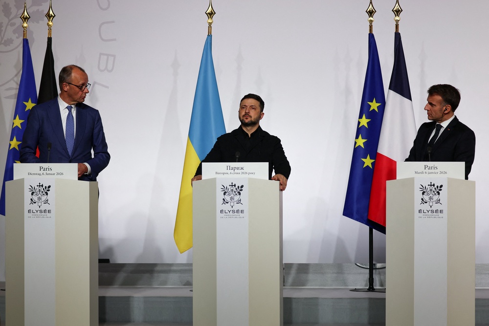 Germany's chancellor Friedrich Merz, Ukraine's president Volodymyr Zelensky and France's president Emmanuel Macron deliver a press conference at the Elysee Palace in Paris (AFP/Getty)