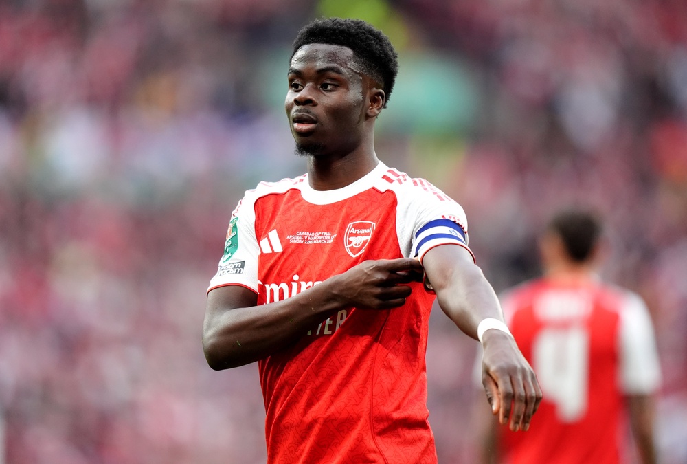 Bukayo Saka in action during the Carabao Cup final at Wembley last month (Ben Whitley/PA) (PA Wire)