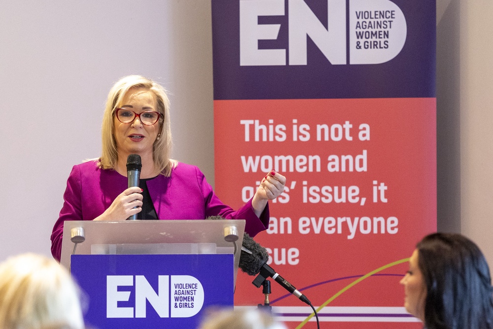 Ms O’Neill was attending an event in Belfast focused on ending violence against women and girls in Northern Ireland (Liam McBurney/PA) (PA Wire)