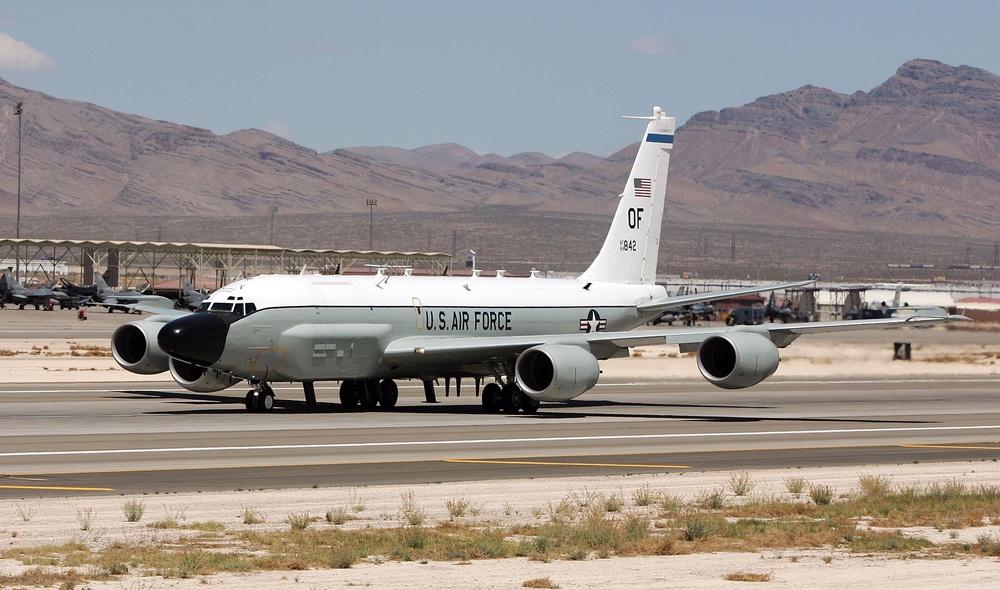 A United States Air Force RC-135 RIVET JOINT aircraft takes off from Nellis Air Force Base while participating in the Joint Expeditionary Force Experiment 2006 April 25, 2006 in Las Vegas, Nevada (Getty Images)