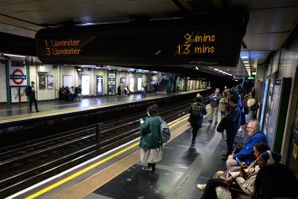 Electronic signage warns of lengthy waits in between trains as a strike by the RMT union begins (Getty)