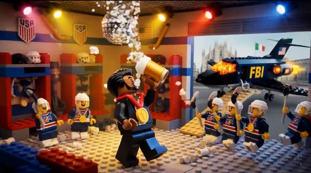 The creator of the AI music video included a scene of Patel drinking with the US Olympic men's hockey team in their locker room. In the background, the FBI jet can be seen parked in Milan. Patel was accused of excessive drinking in a recent profile, a claim he has denied and filed a lawsuit over the article (Drew_Ponder / X)