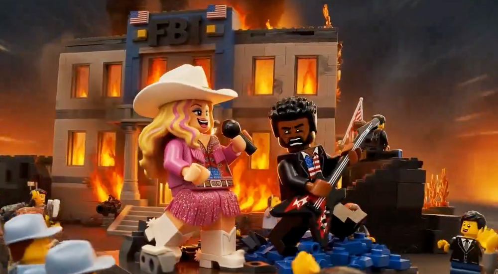 Patel and his girlfriend, country musician Alexis Wilkins, are depicted performing while the FBI building burns in the background, in an AI-generated music video (Drew_Ponder / X)