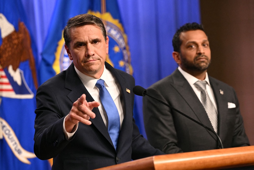 Acting Attorney General Todd Blanche and FBI Director Kash Patel assailed reporters who questioned the nation’s top law enforcement officials about allegations of Patel’s behavior as reported byThe Atlantic (AFP via Getty Images)