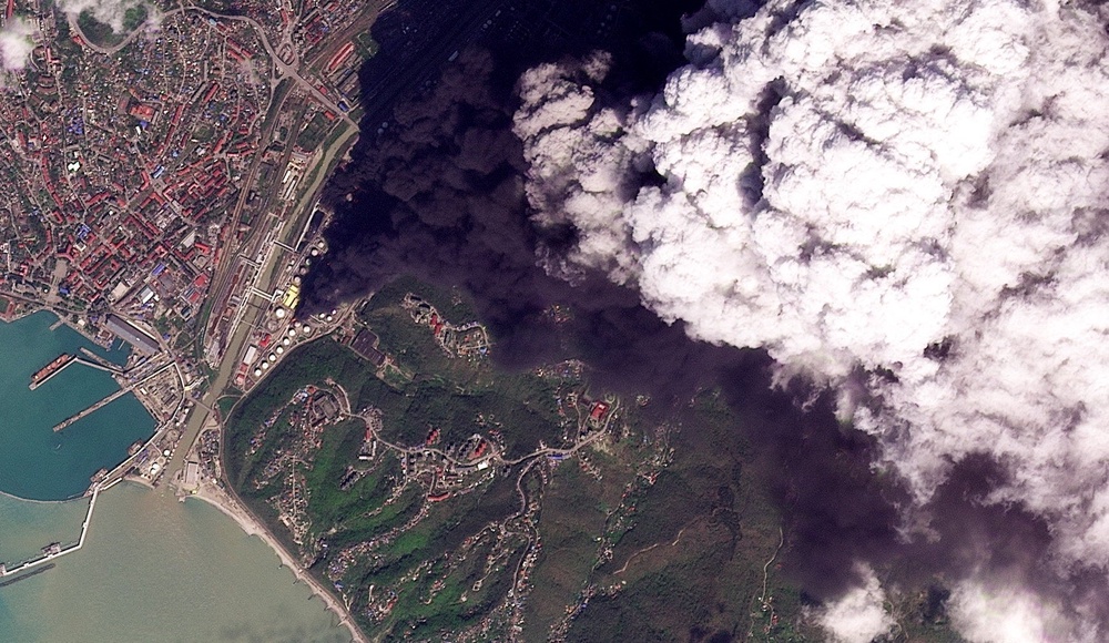 A satellite image of smoke rising after, according to Ukraine's military, an overnight strike on an oil refinery hit reservoir tank storage and started a fire in Tuapse (Reuters)