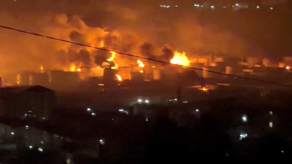 File: Fire and smoke rise at the Tuapse oil refinery near the Tuapse port, following a Ukrainian drone attack, according to Russian officials, in Tuapse, Krasnodar Krai, Russia, in this screengrab obtained from a social media video released on April 20, 2026 (Reuters)