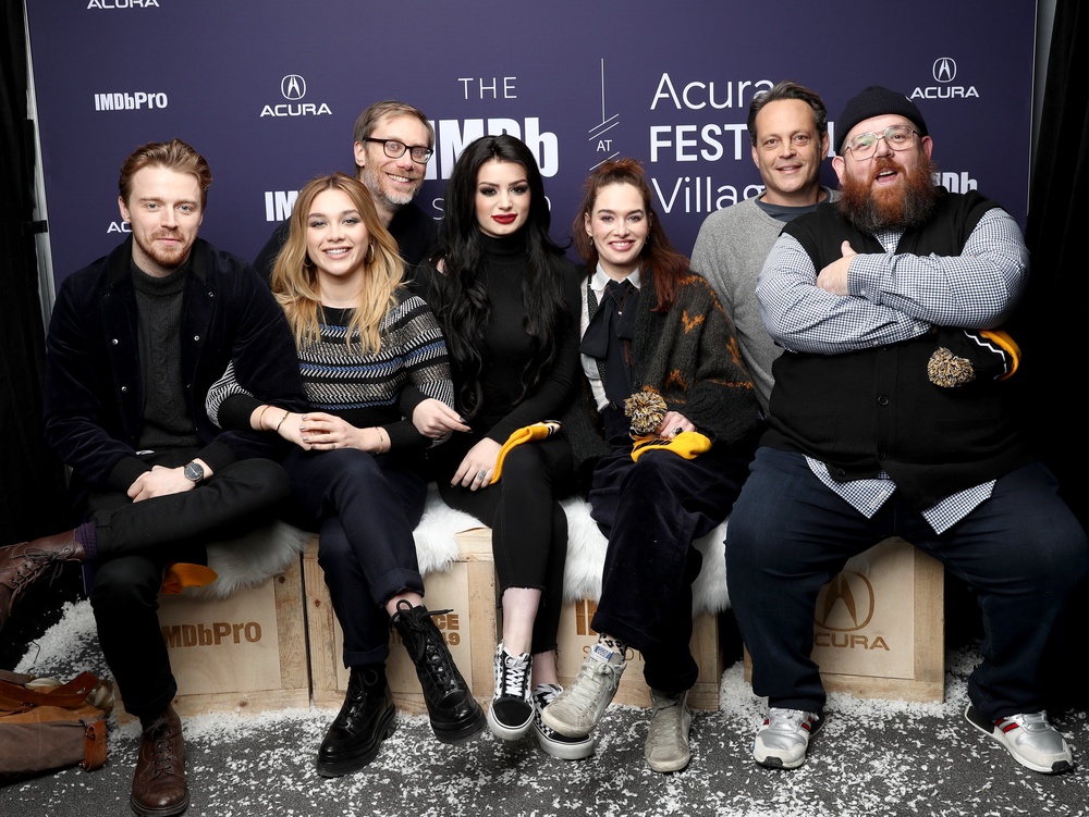 Jack Lowden, Florence Pugh, Stephen Merchant, Paige, Lena Headey, Vince Vaughn, and Nick Frost of 'Fighting With My Family' in 2019 (Getty)