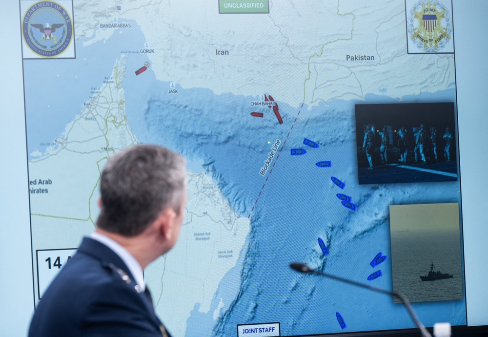 US chair of the Joint Chiefs of Staff General Dan Caine speaks in front of a map of the Strait of Hormuz during a press briefing at the Pentagon, in Arlington, Virginia (AFP/Getty)