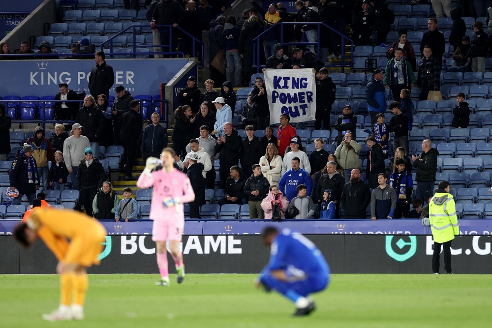 Leicester City fans hold a banner directed at the ownership (Getty)