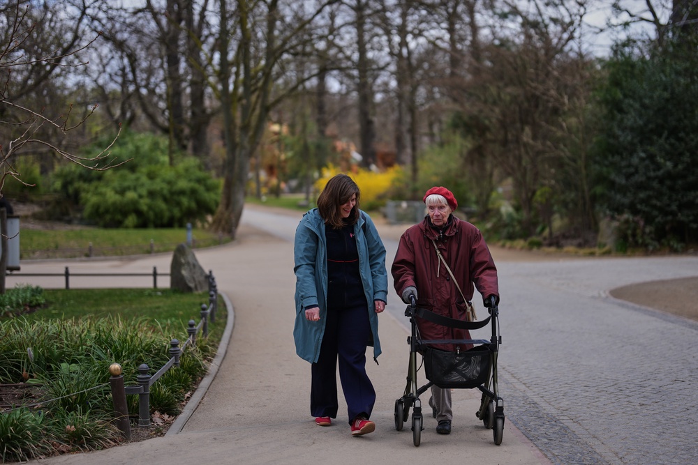 Project coordinator Christine Gruschka, left, talks to Monika Jansen, 85, during a guided tour for people with dementia organised by Malteser Deutschland (AP)