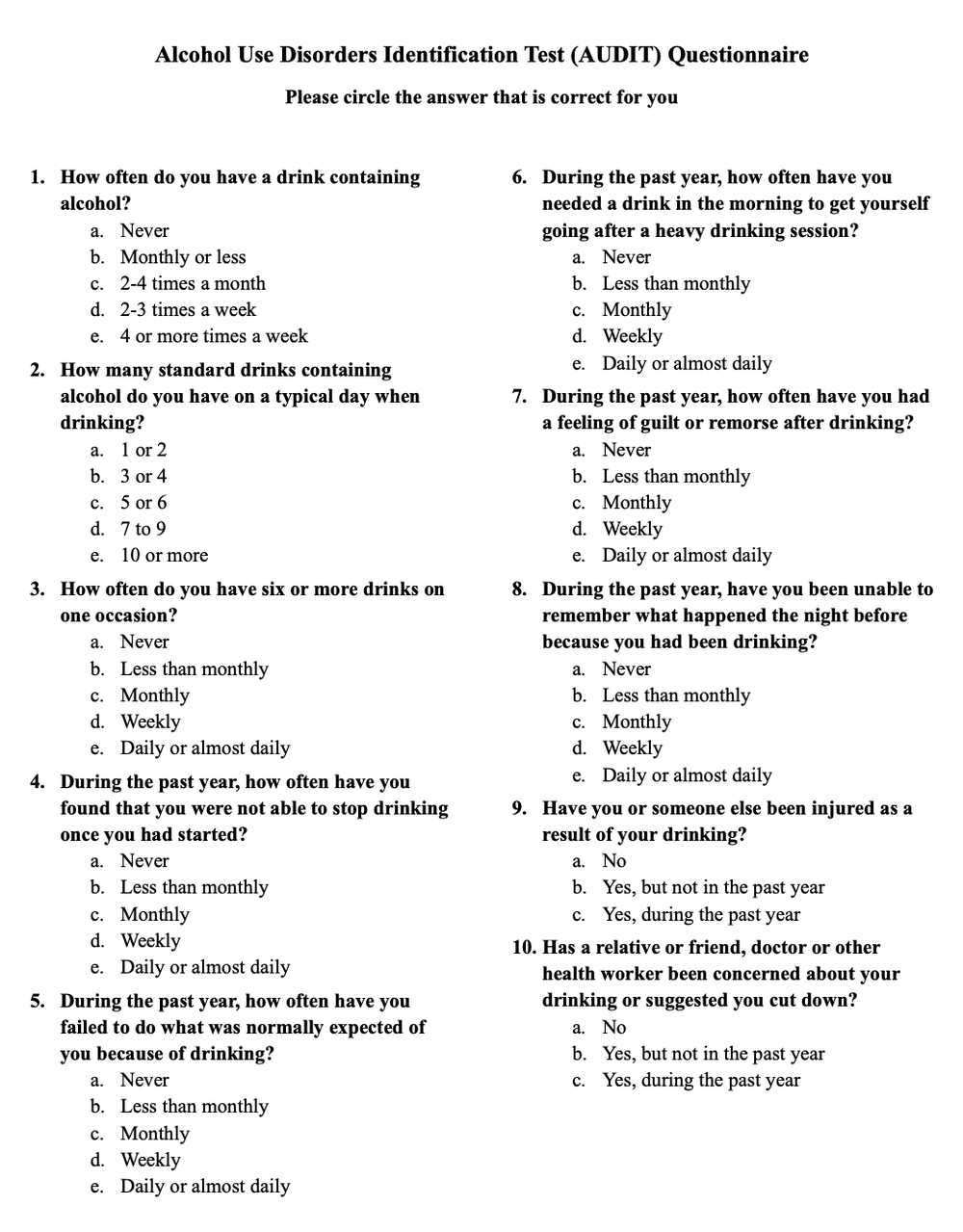 The AUDIT questionnaire asks questions such as ‘how many drinks containing alcohol do you have on a typical day when you are drinking’ and ‘how often during the last year have you failed to do what was normally expected from you because of drinking’ (House Judiciary Committee)