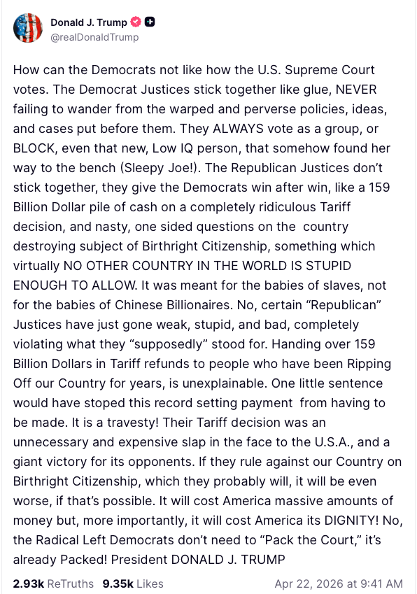 Trump called Justice Ketanji Brown Jackson 'low IQ' in this Truth Social post (Truth Social)