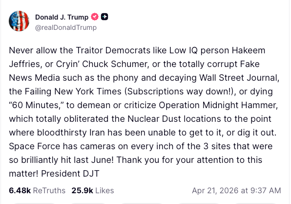 Trump also referred to House Democratic Leader Hakeem Jeffries with the same slur (Truth Social)