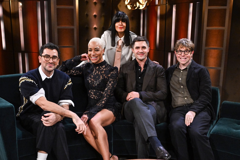 Winkleman with guests Dan Levy, Cush Jumbo, Phil Dunster and Josh Widdicombe (PA)