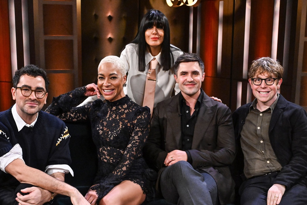 Sofa so ordinary? Winkleman was joined by Dan Levy, Cush Jumbo, Phil Dunster and Josh Widdicombe (PA)