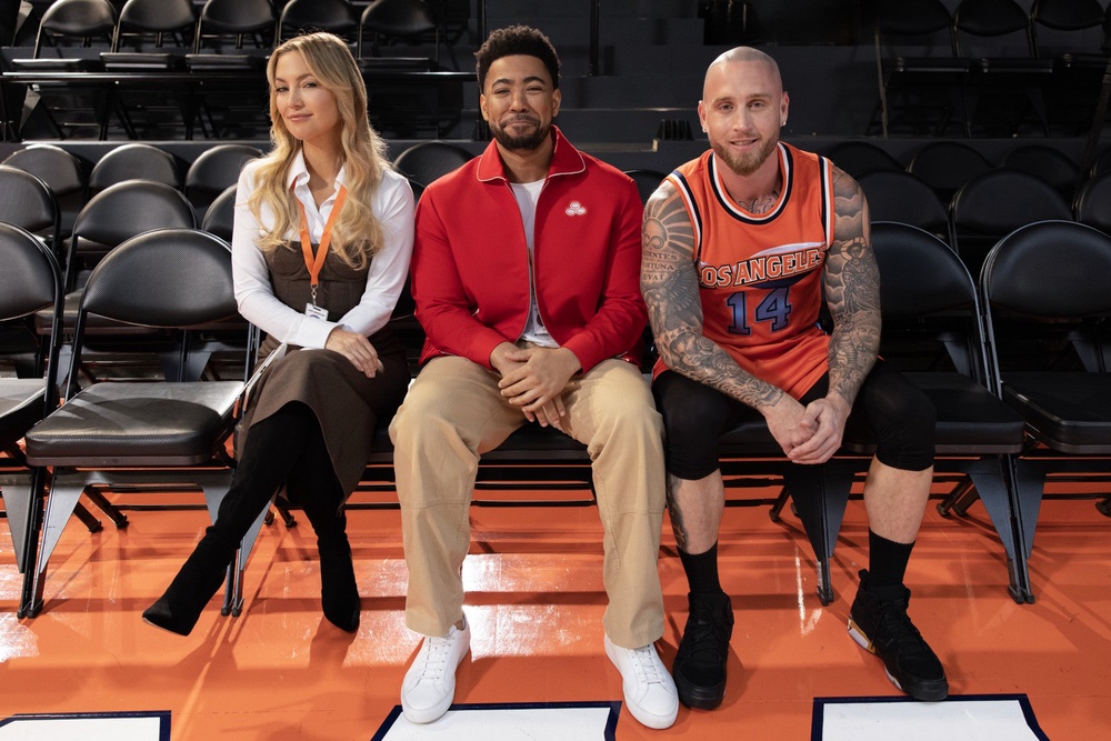 Kate Hudson, Jake from State Farm and Chet Hanks on the set of 'Running Point' (State Farm)