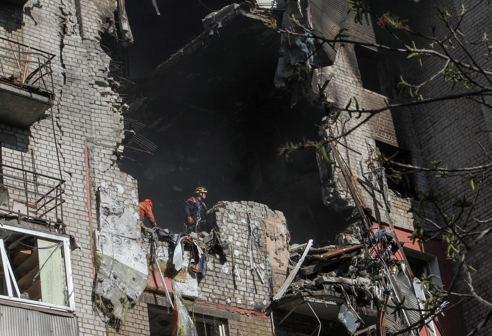 A large hole was blown in the residential building (Reuters)