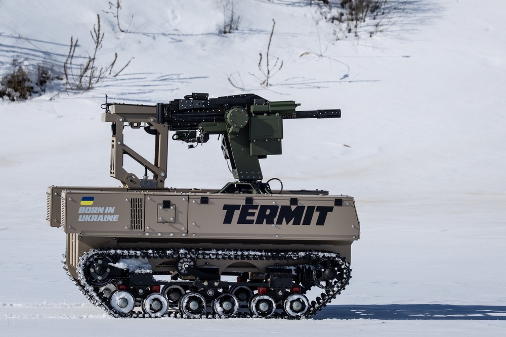 A Tencore Unmanned Ground Vehicle (UGV) TerMIT is driven through snow in the Kyiv region (Getty)