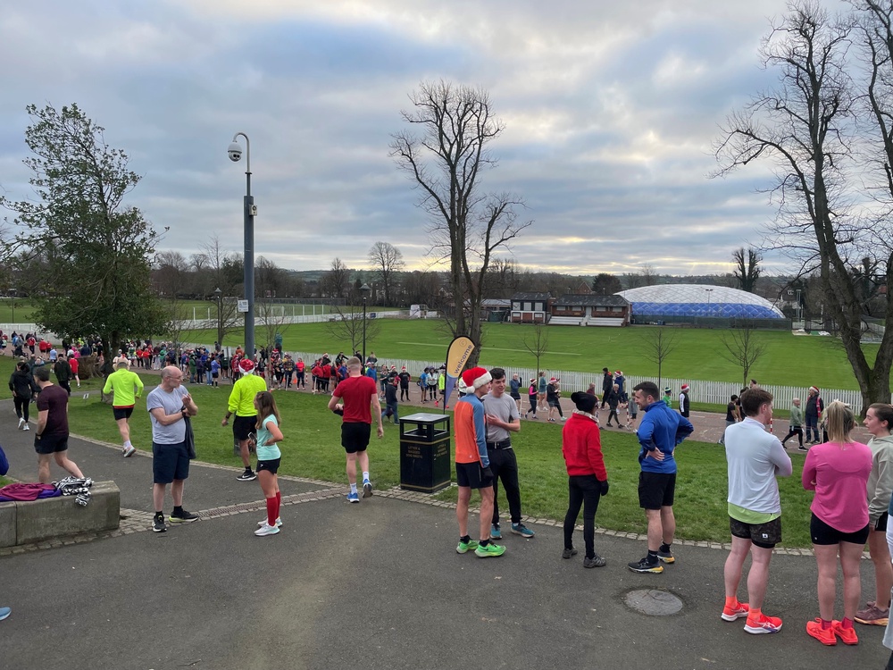 People take part in the festive themed Christmas Day Parkrun at Wallace Park in Lisburn, Co Antrim (Jonathan McCambridge/PA)