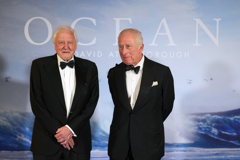 King Charles III (right) meets David Attenborough as he attends the premiere of ‘Ocean with David Attenborough’, at the Southbank Centre, Royal Festival Hall in London (Alistair Grant/PA)