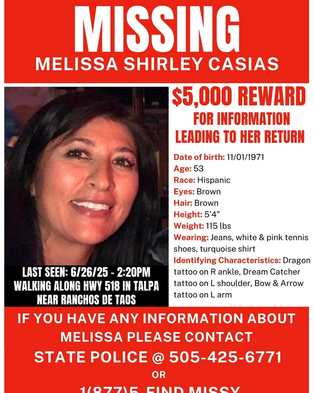 Melissa Casias worked at the  Los Alamos National Laboratory, the site of the US government’s top-secret Manhattan Project in World War II. She hasn’t been seen since June 26, 2025 (Town of Taos)