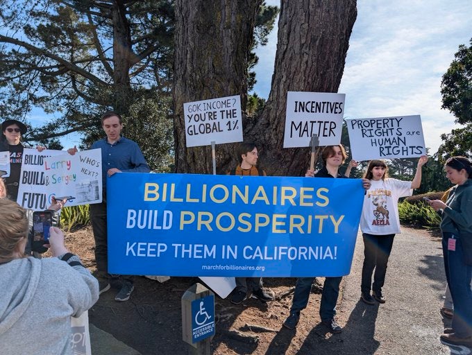 Start-up founder Derik Kauffman organized the March for Billionaires through San Francisco in February in an effort to call attention to the good the region’s top earners have done for the state (Jeremy Linden)
