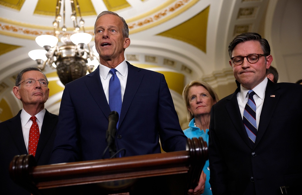 According to the latest Gallup survey, 86 percent of Americans disapprove of Congress. Pictured here are Senate Majority Leader John Thune (center) and House Speaker Mike Johnson (right) (Getty Images)